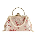 ARORA Chinese-Style Red Plum Blossom Handbag with Pearl Handle, Gold Frame & Chain Strap