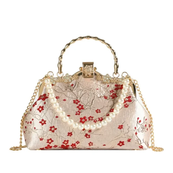 ARORA Chinese-Style Red Plum Blossom Handbag with Pearl Handle, Gold Frame & Chain Strap