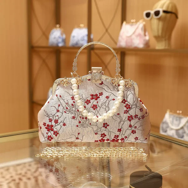 ARORA Chinese-Style Red Plum Blossom Handbag with Pearl Handle, Gold Frame & Chain Strap