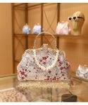 ARORA Chinese-Style Red Plum Blossom Handbag with Pearl Handle, Gold Frame & Chain Strap