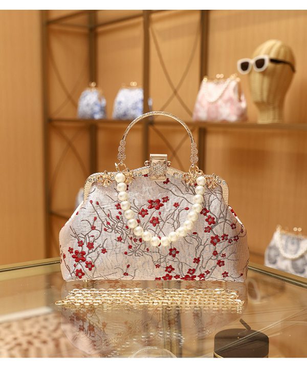 ARORA Chinese-Style Red Plum Blossom Handbag with Pearl Handle, Gold Frame & Chain Strap