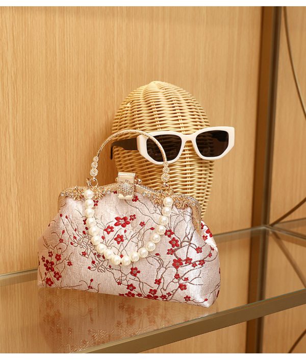 ARORA Chinese-Style Red Plum Blossom Handbag with Pearl Handle, Gold Frame & Chain Strap