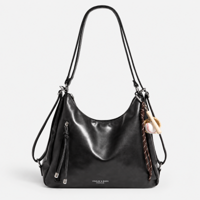 3-in-1 Leather Shoulder Bag - Black