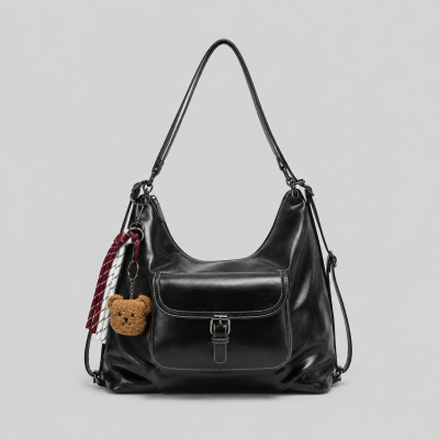 Slouchy Pocket Shoulder Bag - Black
